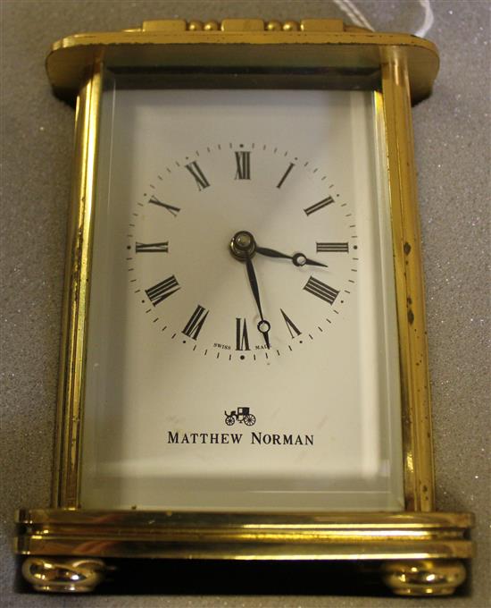 Matthew Norman gilt brass carriage clock, no. 1754, in presentation box with papers